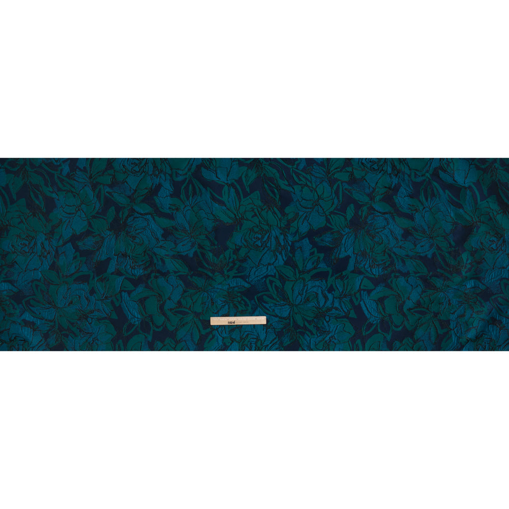 Metallic Polyester Brocade - Blue, Dark Turquoise and Black Floral - Designer Deadstock