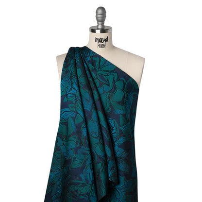 Metallic Polyester Brocade - Blue, Dark Turquoise and Black Floral - Designer Deadstock