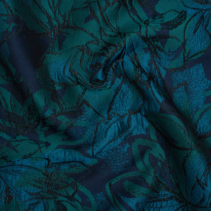 Metallic Polyester Brocade - Blue, Dark Turquoise and Black Floral - Designer Deadstock