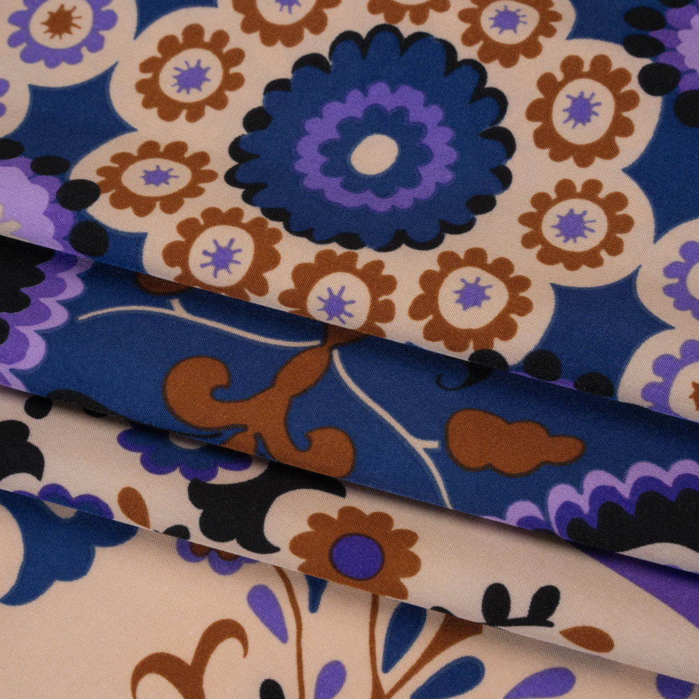 Stretch Polyester Crepe de Chine Print - Dark Blue, Purple and Brown Flower Medallions and Stripes - Designer Deadstock