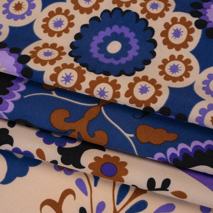 Stretch Polyester Crepe de Chine Print - Dark Blue, Purple and Brown Flower Medallions and Stripes - Designer Deadstock