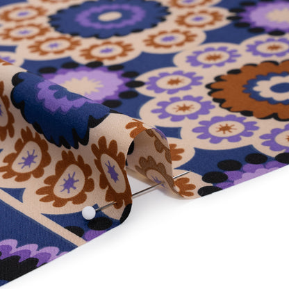 Stretch Polyester Crepe de Chine Print - Dark Blue, Purple and Brown Flower Medallions and Stripes - Designer Deadstock