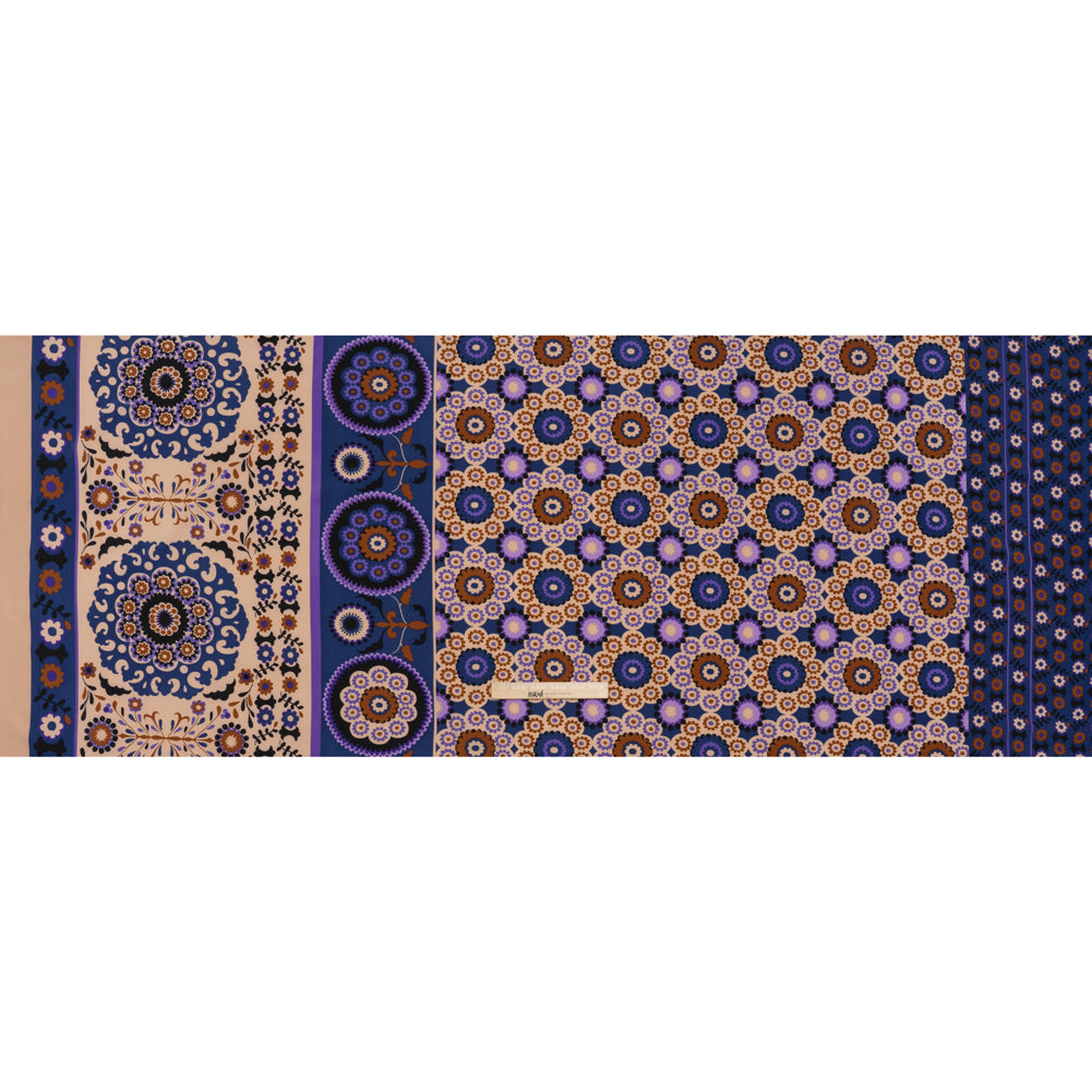 Stretch Polyester Crepe de Chine Print - Dark Blue, Purple and Brown Flower Medallions and Stripes - Designer Deadstock