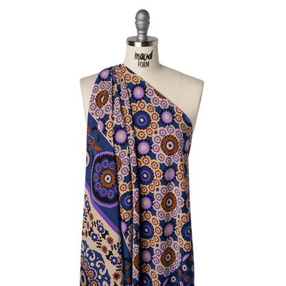 Stretch Polyester Crepe de Chine Print - Dark Blue, Purple and Brown Flower Medallions and Stripes - Designer Deadstock