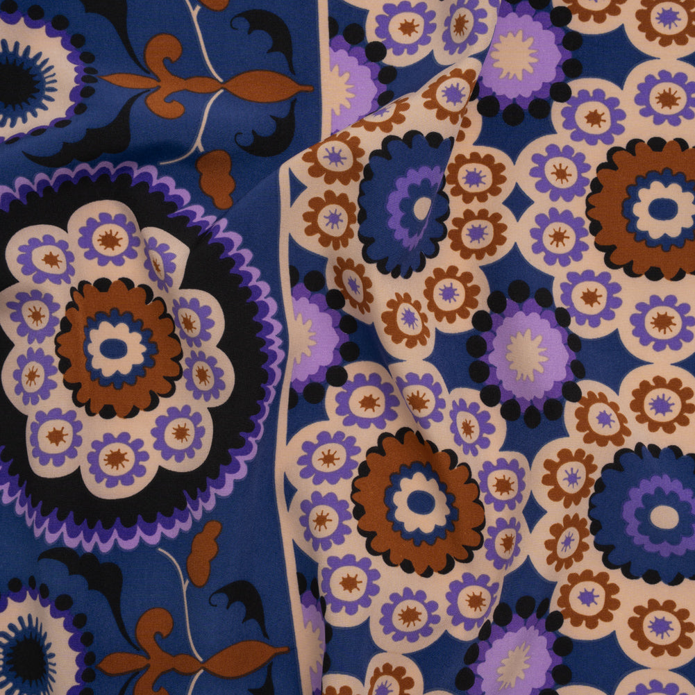Stretch Polyester Crepe de Chine Print - Dark Blue, Purple and Brown Flower Medallions and Stripes - Designer Deadstock