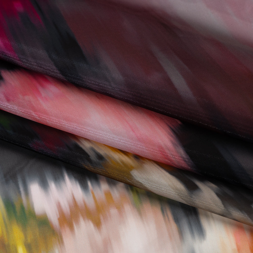 Shimmering Polyester Organza Print - Black, Red and Yellow Ikat Florals - Designer Deadstock