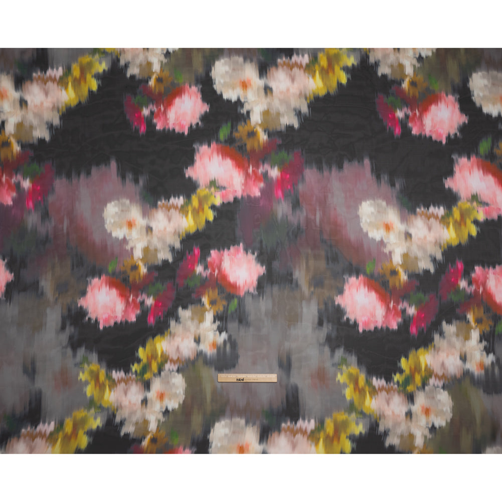 Shimmering Polyester Organza Print - Black, Red and Yellow Ikat Florals - Designer Deadstock