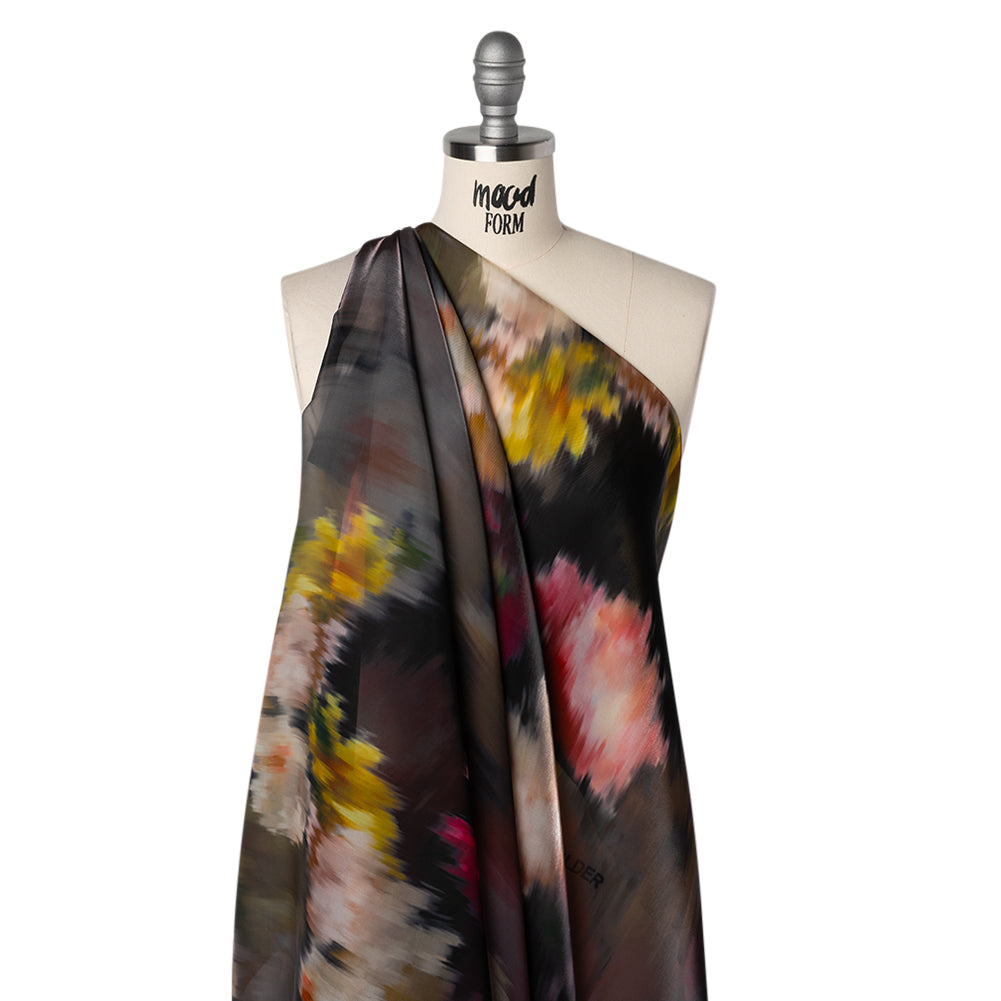 Shimmering Polyester Organza Print - Black, Red and Yellow Ikat Florals - Designer Deadstock