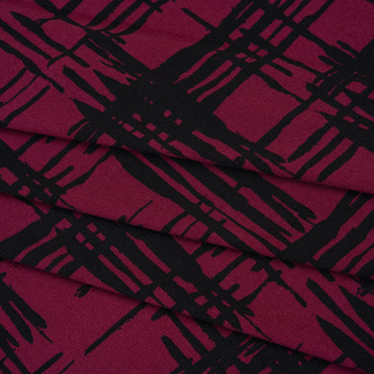 Stretch Polyester Matte Jersey Print - Raspberry and Black Abstract Hatching - Designer Deadstock
