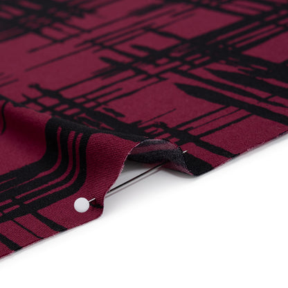 Stretch Polyester Matte Jersey Print - Raspberry and Black Abstract Hatching - Designer Deadstock