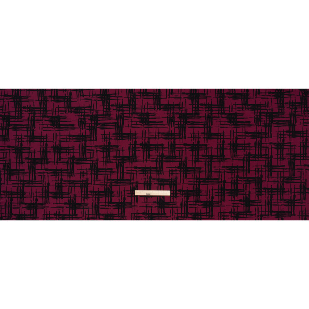Stretch Polyester Matte Jersey Print - Raspberry and Black Abstract Hatching - Designer Deadstock