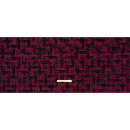 Stretch Polyester Matte Jersey Print - Raspberry and Black Abstract Hatching - Designer Deadstock