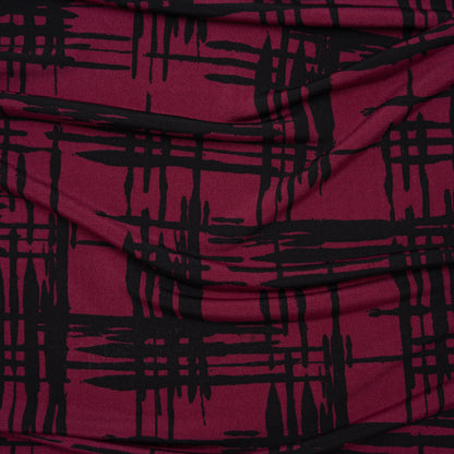 Stretch Polyester Matte Jersey Print - Raspberry and Black Abstract Hatching - Designer Deadstock