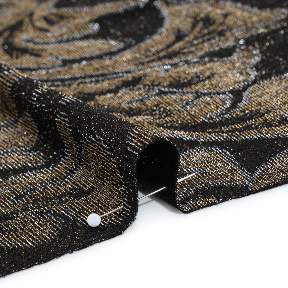 Metallic Nylon Knit - Black, Gold and Silver Floral - Designer Deadstock