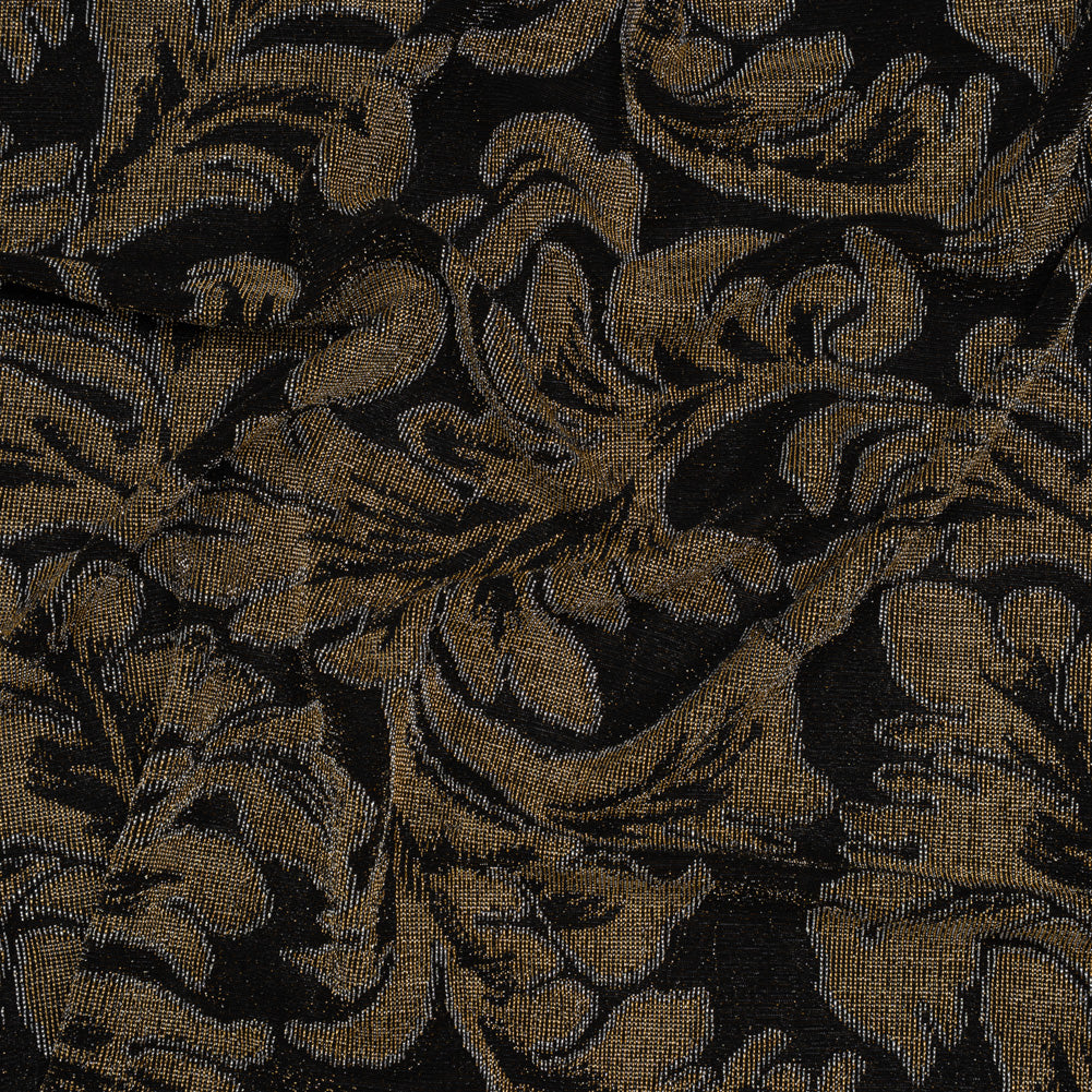Metallic Nylon Knit - Black, Gold and Silver Floral - Designer Deadstock