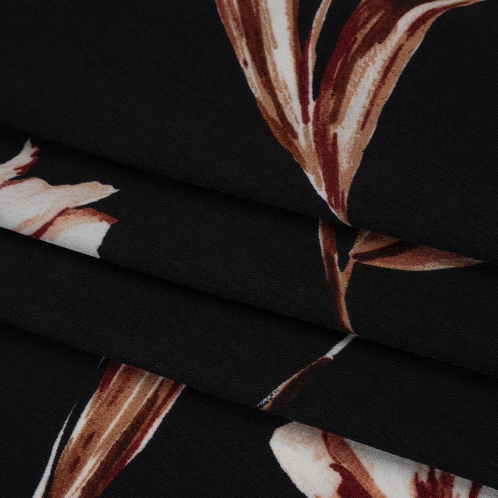 Polyester Crepe de Chine Print - Black, Brown and White Scattered Tulips - Designer Deadstock