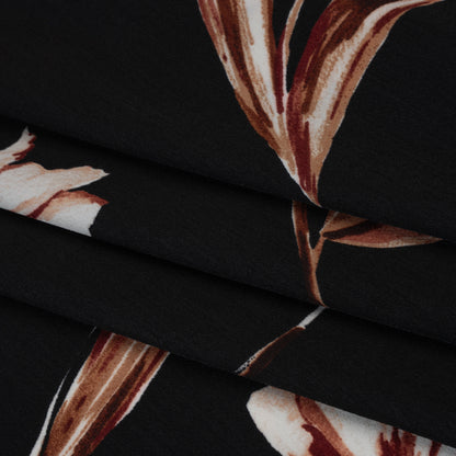 Polyester Crepe de Chine Print - Black, Brown and White Scattered Tulips - Designer Deadstock