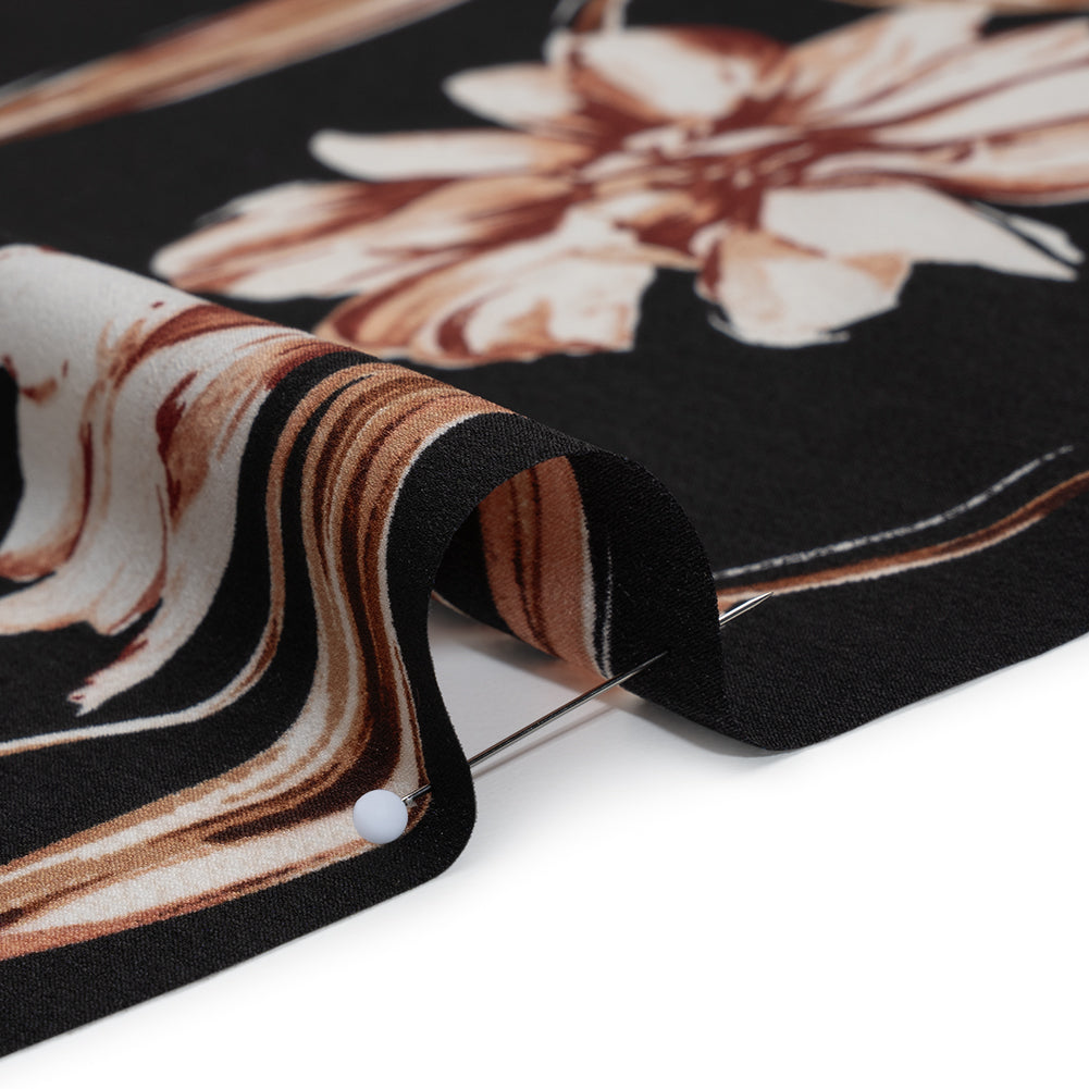 Polyester Crepe de Chine Print - Black, Brown and White Scattered Tulips - Designer Deadstock
