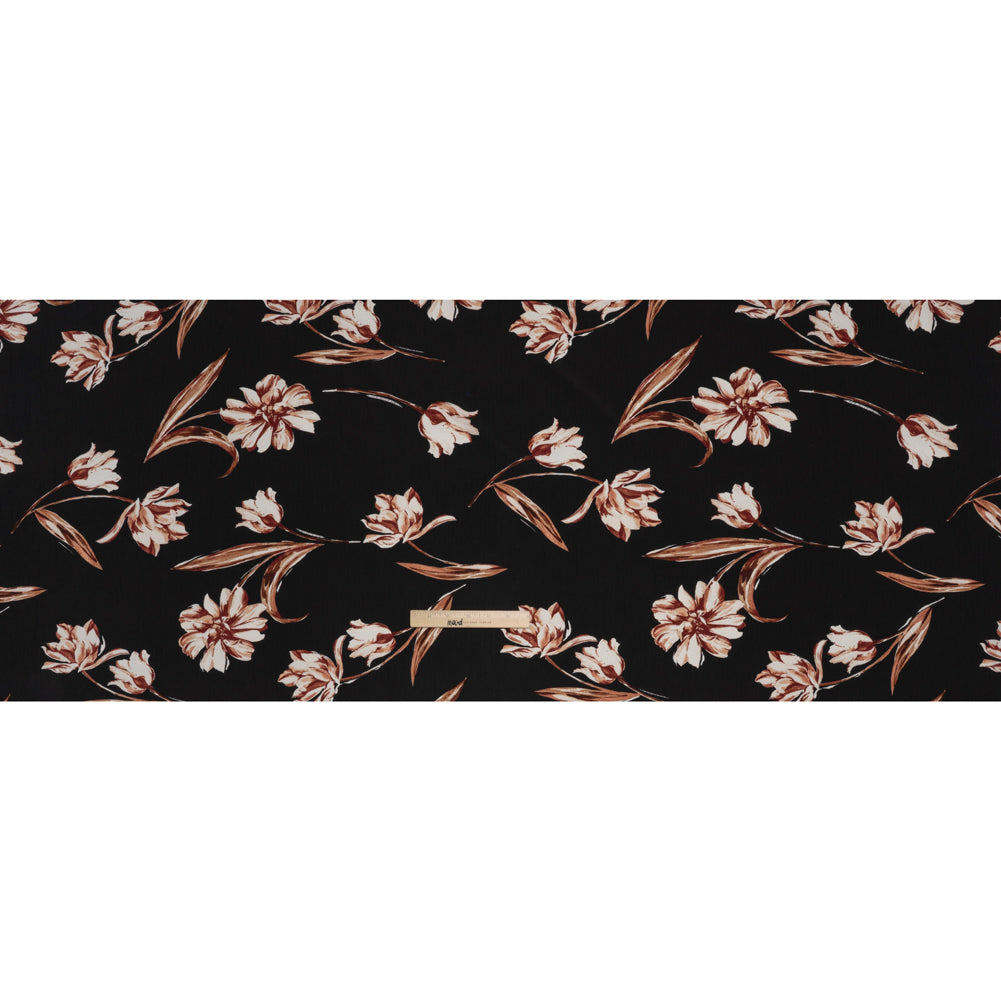 Polyester Crepe de Chine Print - Black, Brown and White Scattered Tulips - Designer Deadstock