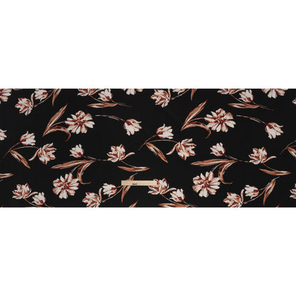 Polyester Crepe de Chine Print - Black, Brown and White Scattered Tulips - Designer Deadstock