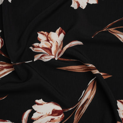 Polyester Crepe de Chine Print - Black, Brown and White Scattered Tulips - Designer Deadstock