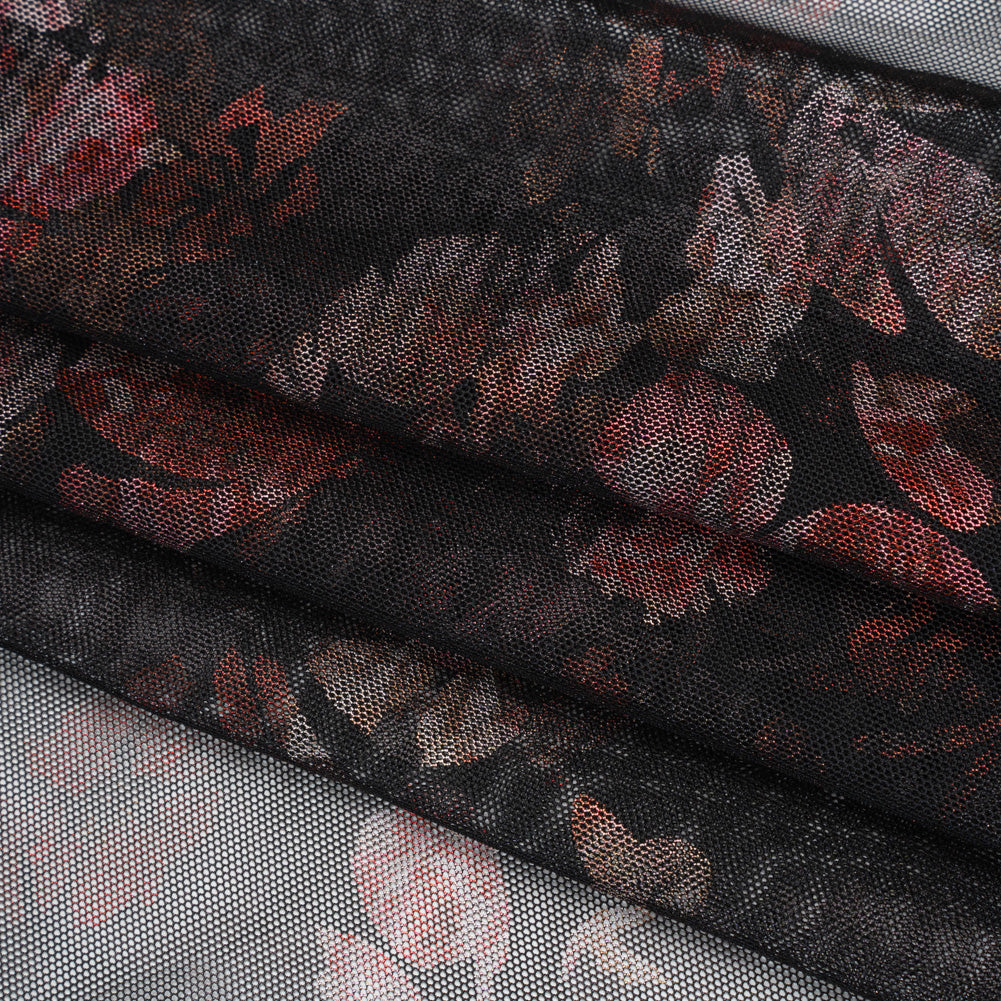 Metallic Foiled Stretch Polyester Mesh - Red and Black Floral - Designer Deadstock