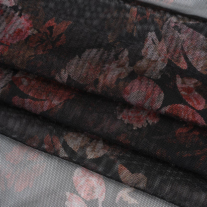 Metallic Foiled Stretch Polyester Mesh - Red and Black Floral - Designer Deadstock