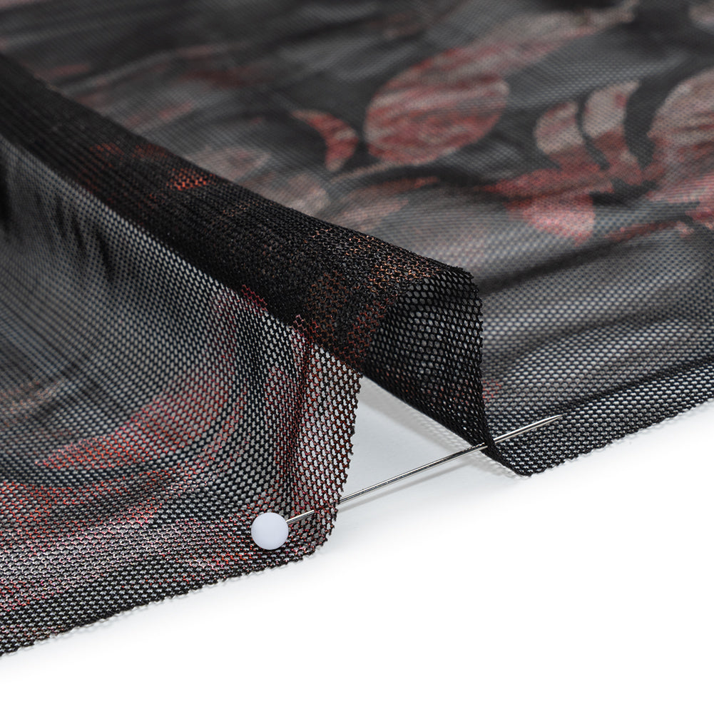 Metallic Foiled Stretch Polyester Mesh - Red and Black Floral - Designer Deadstock