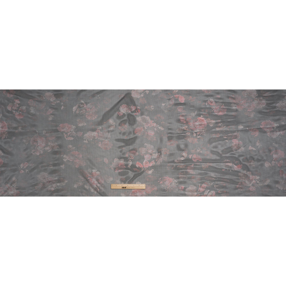 Metallic Foiled Stretch Polyester Mesh - Red and Black Floral - Designer Deadstock
