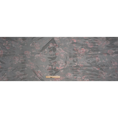 Metallic Foiled Stretch Polyester Mesh - Red and Black Floral - Designer Deadstock