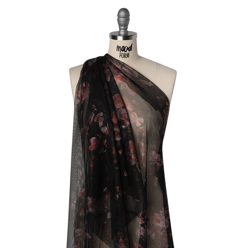 Metallic Foiled Stretch Polyester Mesh - Red and Black Floral - Designer Deadstock