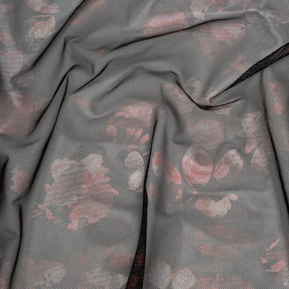 Metallic Foiled Stretch Polyester Mesh - Red and Black Floral - Designer Deadstock