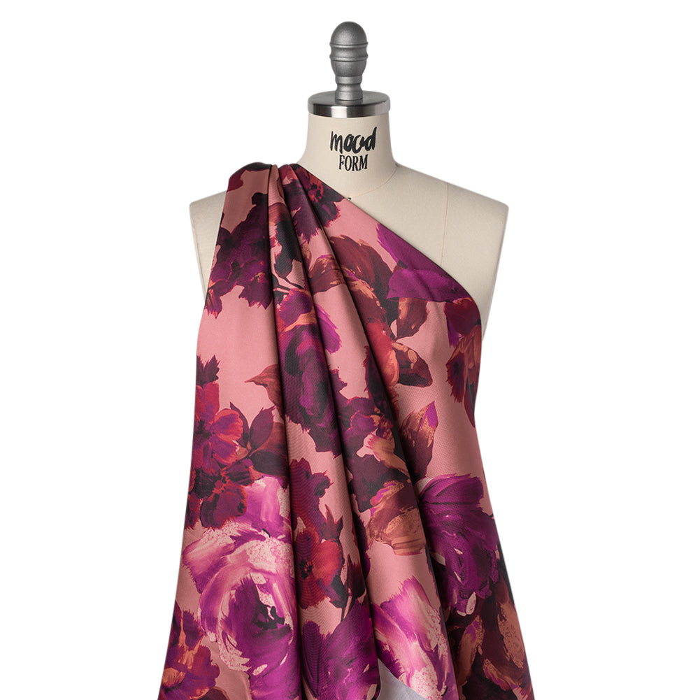 Polyester Mikado Print - Pink, Red and Plum Painterly Florals - Designer Deadstock