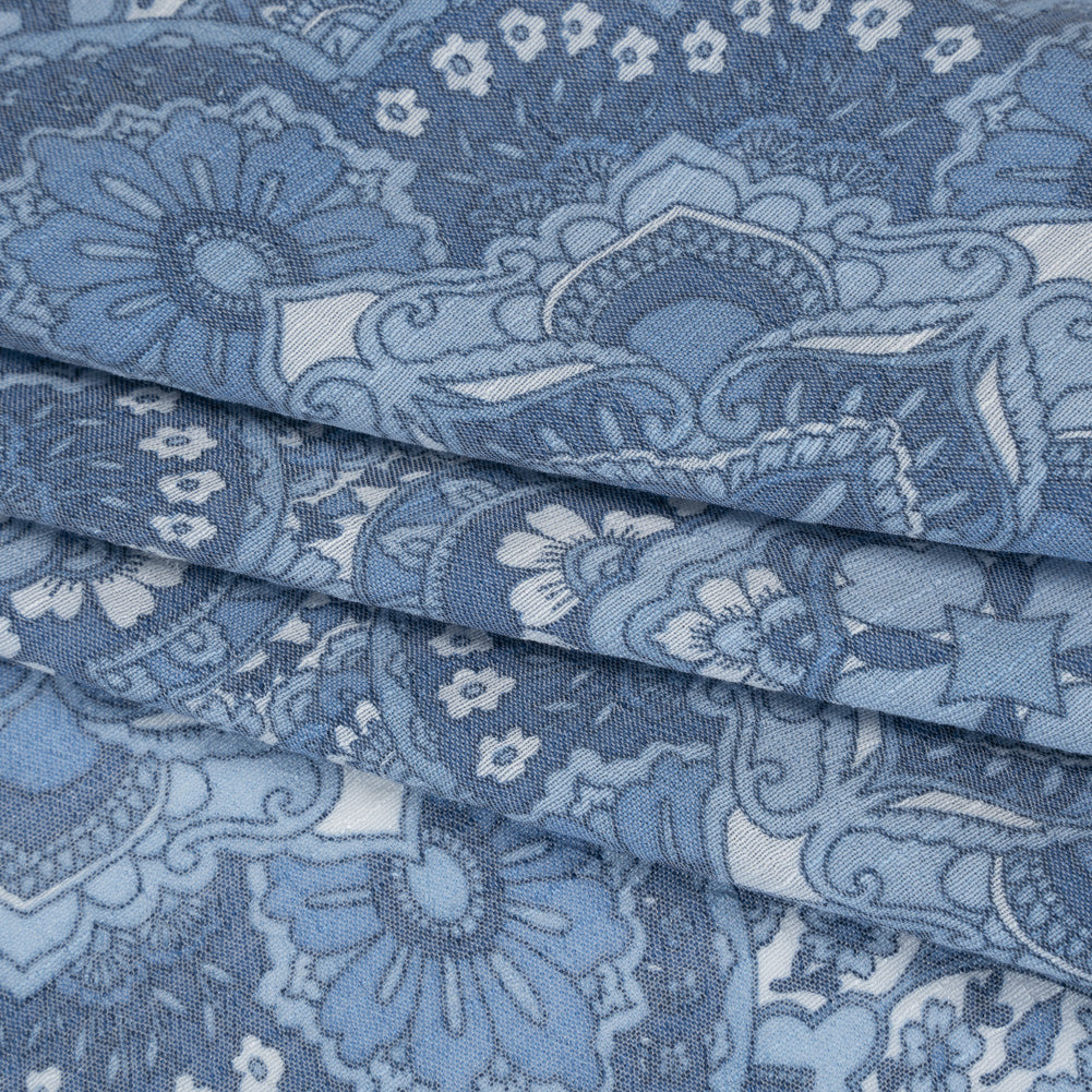 Textured Gauzy Rayon and Polyester Woven Print - Steel Blue, Sky and White Fancy Floral Medallions - Designer Deadstock