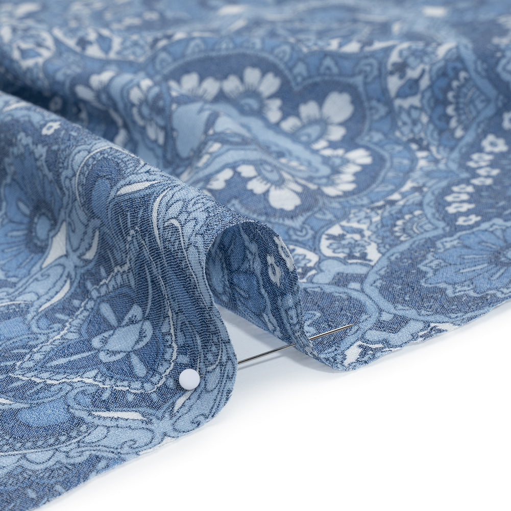 Textured Gauzy Rayon and Polyester Woven Print - Steel Blue, Sky and White Fancy Floral Medallions - Designer Deadstock