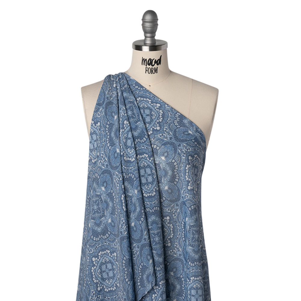 Textured Gauzy Rayon and Polyester Woven Print - Steel Blue, Sky and White Fancy Floral Medallions - Designer Deadstock
