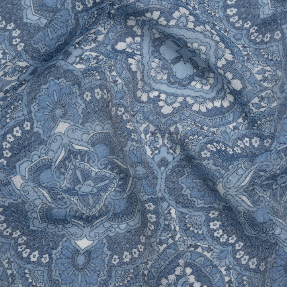 Textured Gauzy Rayon and Polyester Woven Print - Steel Blue, Sky and White Fancy Floral Medallions - Designer Deadstock