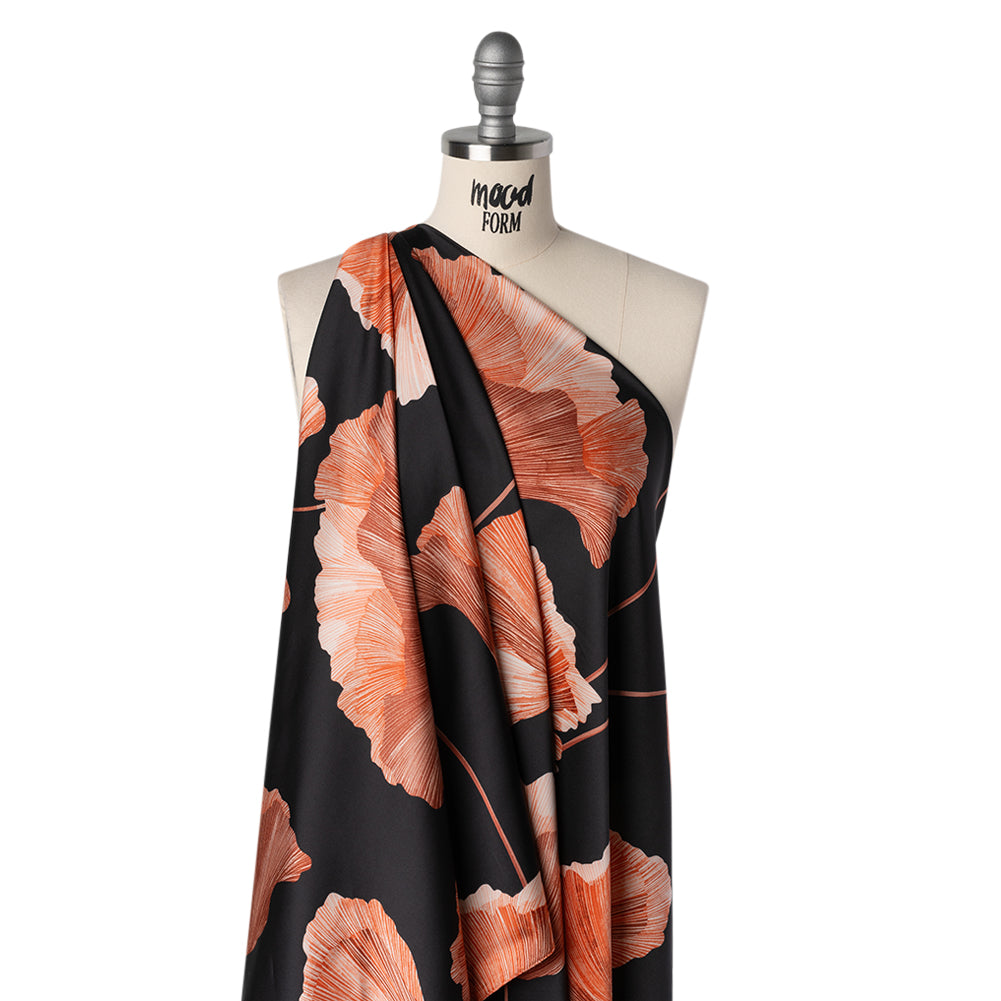Stretch Polyester Charmeuse Print - Red and Black Ginkgo Leaves - Designer Deadstock