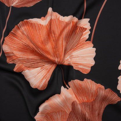 Stretch Polyester Charmeuse Print - Red and Black Ginkgo Leaves - Designer Deadstock