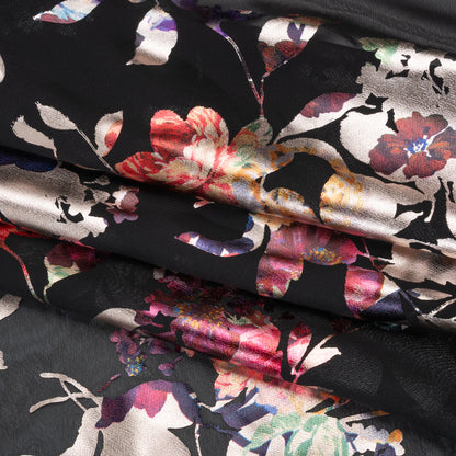 Metallic Foiled Polyester Chiffon Print - Pale Gold, Wine Red and Black Floral on Floral - Designer Deadstock Folded
