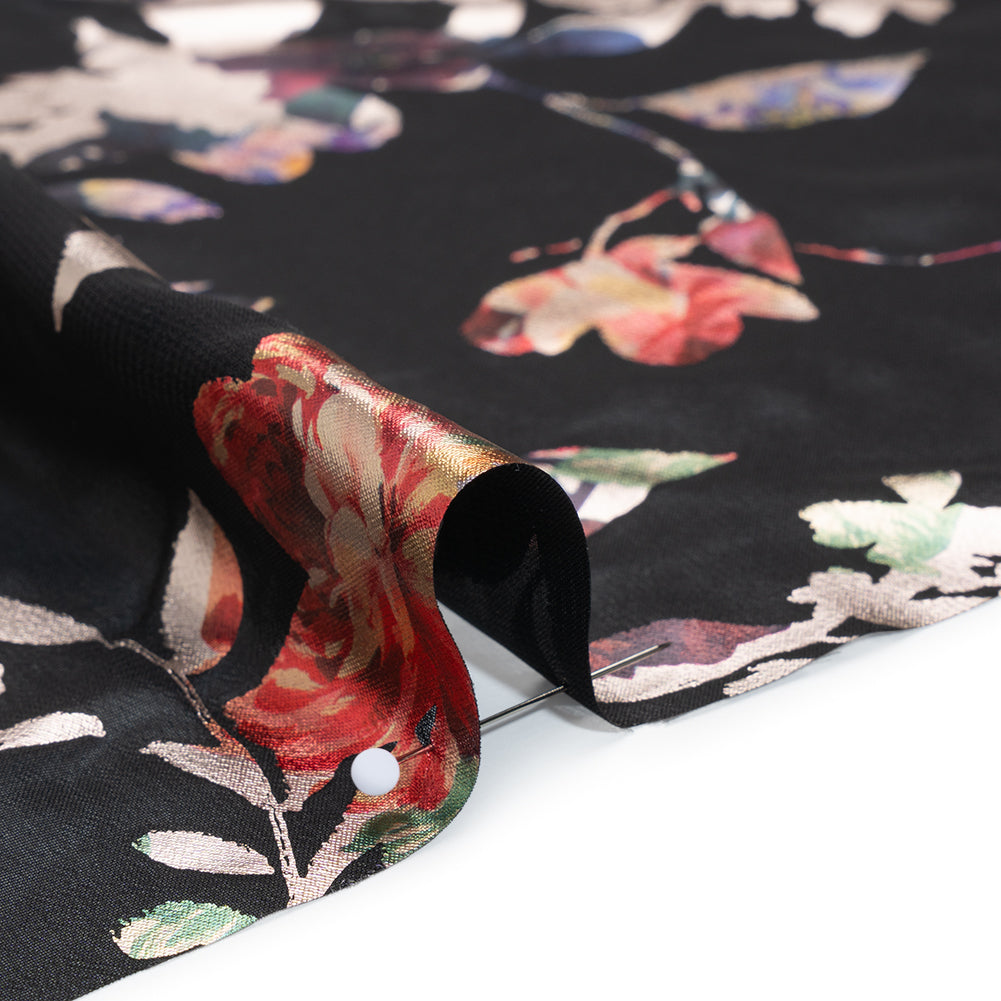Metallic Foiled Polyester Chiffon Print - Pale Gold, Wine Red and Black Floral on Floral - Designer Deadstock Detail