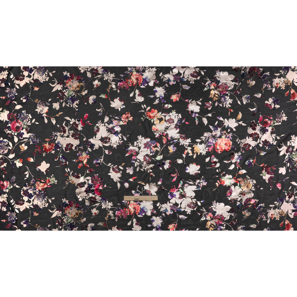 Metallic Foiled Polyester Chiffon Print - Pale Gold, Wine Red and Black Floral on Floral - Designer Deadstock - Full