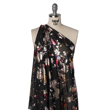 Metallic Foiled Polyester Chiffon Print - Pale Gold, Wine Red and Black Floral on Floral - Designer Deadstock Drape