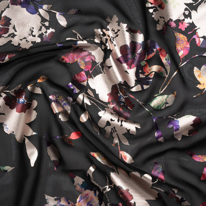 Metallic Foiled Polyester Chiffon Print - Pale Gold, Wine Red and Black Floral on Floral - Designer Deadstock