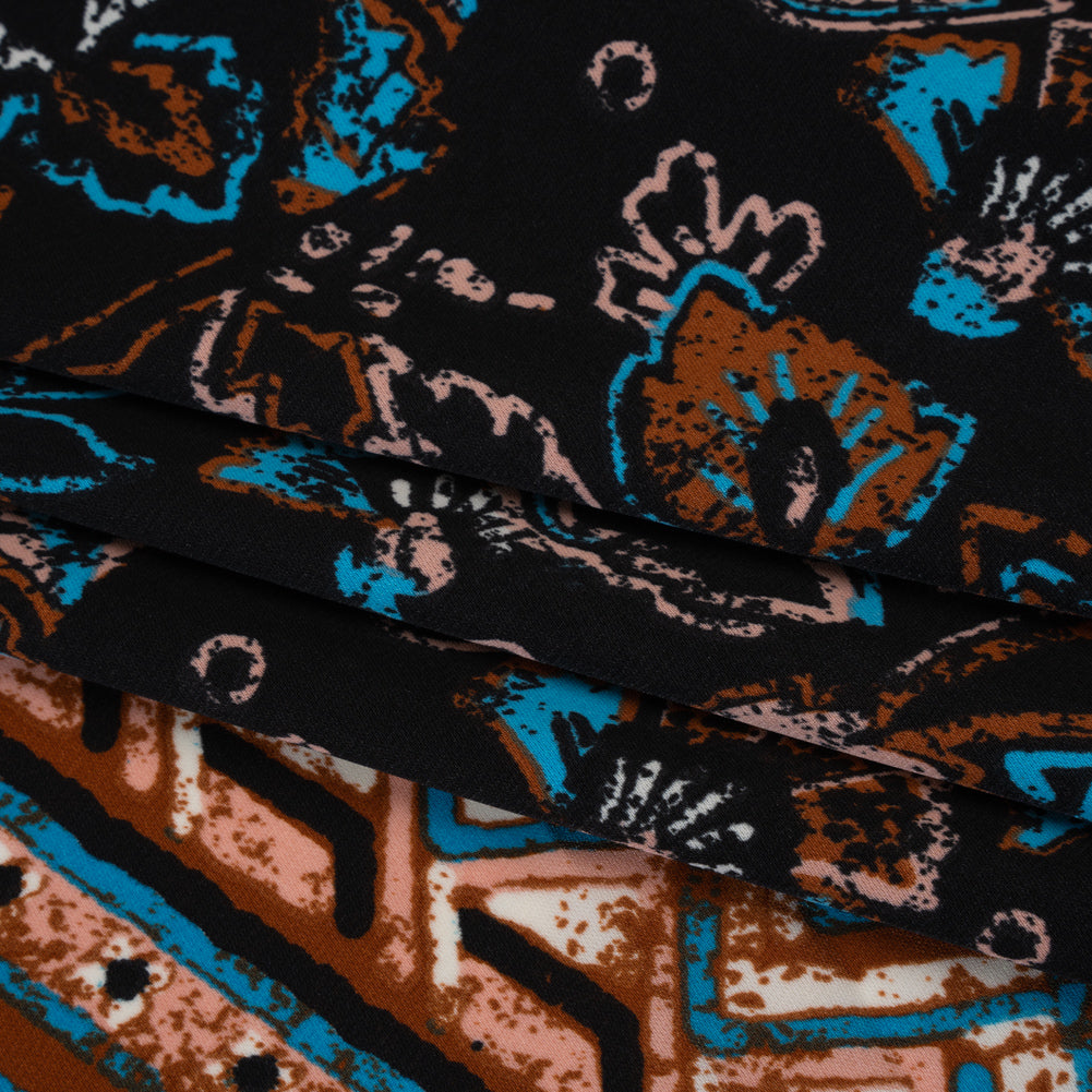 Satin-Faced Fluid Polyester Woven Print - Black, Russet Brown and Turquoise Blue Floral and Geometric Borders - Designer Deadstock