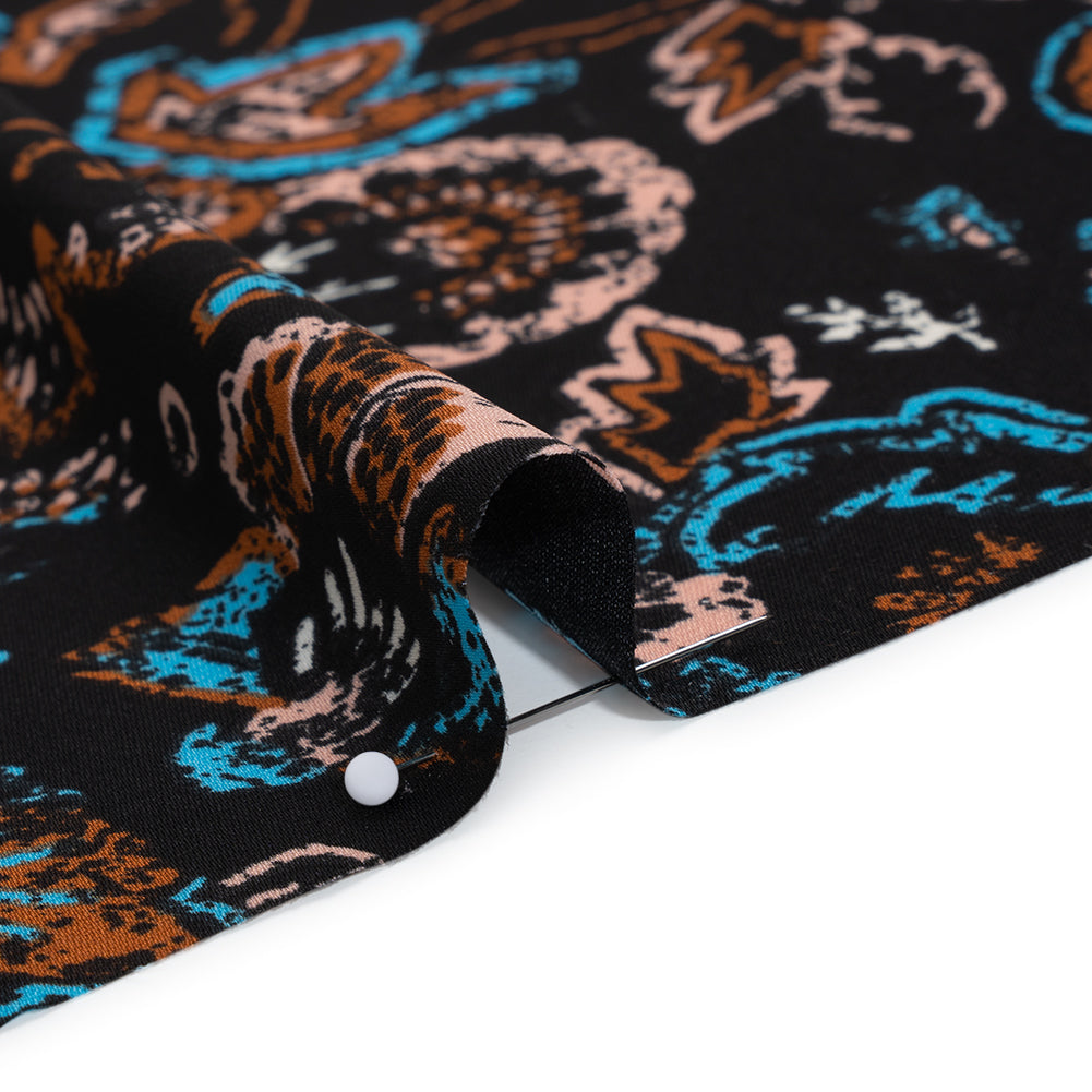Satin-Faced Fluid Polyester Woven Print - Black, Russet Brown and Turquoise Blue Floral and Geometric Borders - Designer Deadstock
