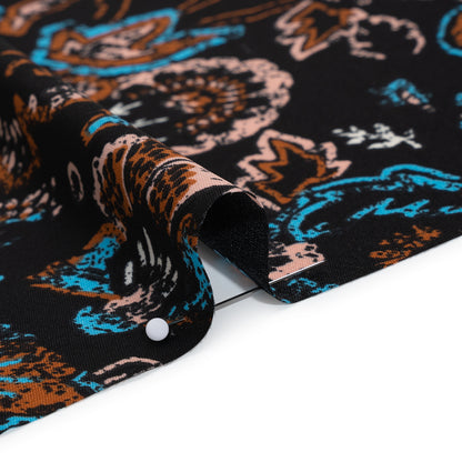 Satin-Faced Fluid Polyester Woven Print - Black, Russet Brown and Turquoise Blue Floral and Geometric Borders - Designer Deadstock