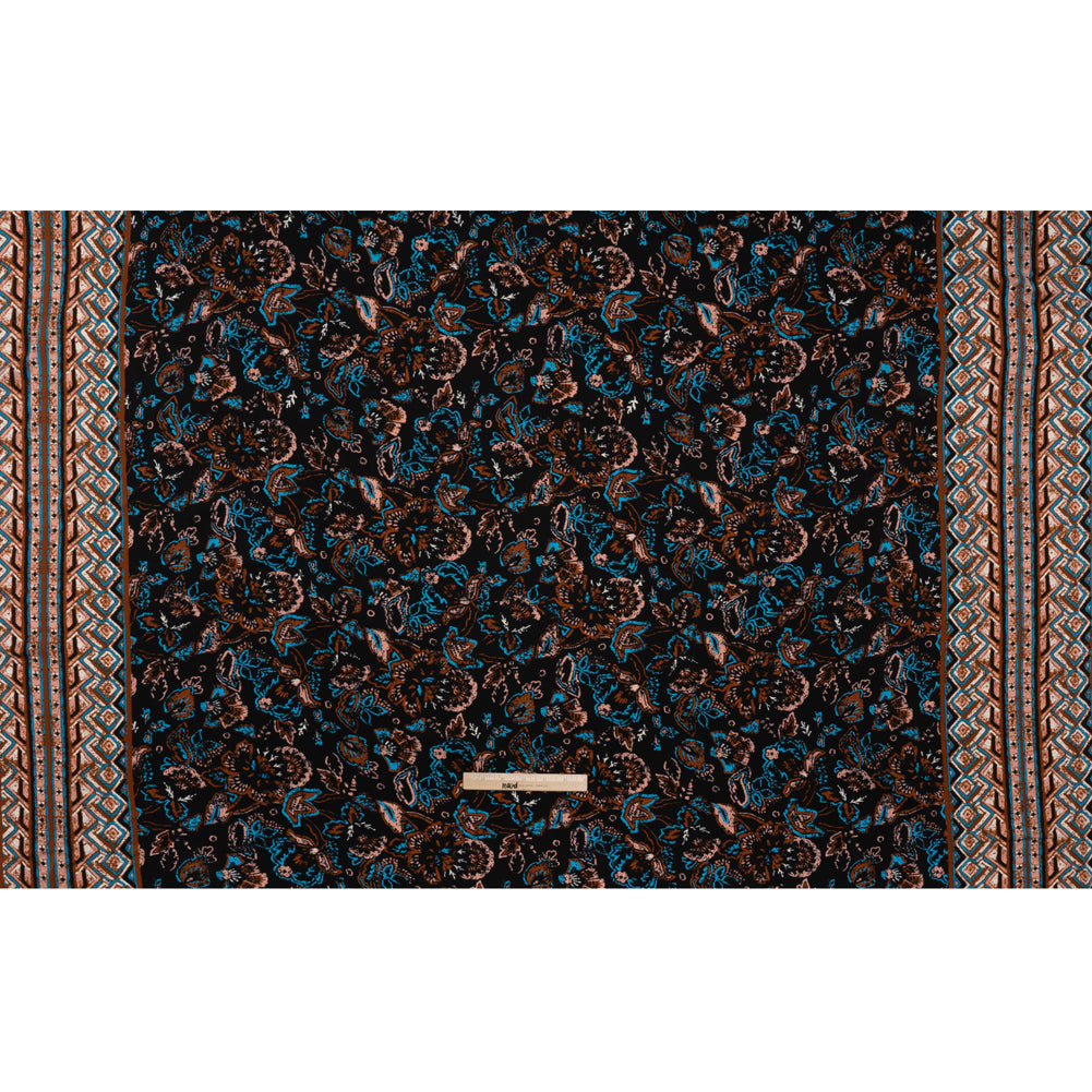 Satin-Faced Fluid Polyester Woven Print - Black, Russet Brown and Turquoise Blue Floral and Geometric Borders - Designer Deadstock