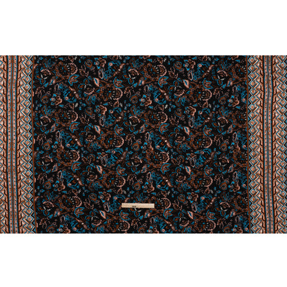 Satin-Faced Fluid Polyester Woven Print - Black, Russet Brown and Turquoise Blue Floral and Geometric Borders - Designer Deadstock