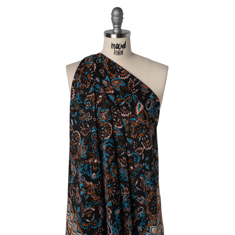 Satin-Faced Fluid Polyester Woven Print - Black, Russet Brown and Turquoise Blue Floral and Geometric Borders - Designer Deadstock